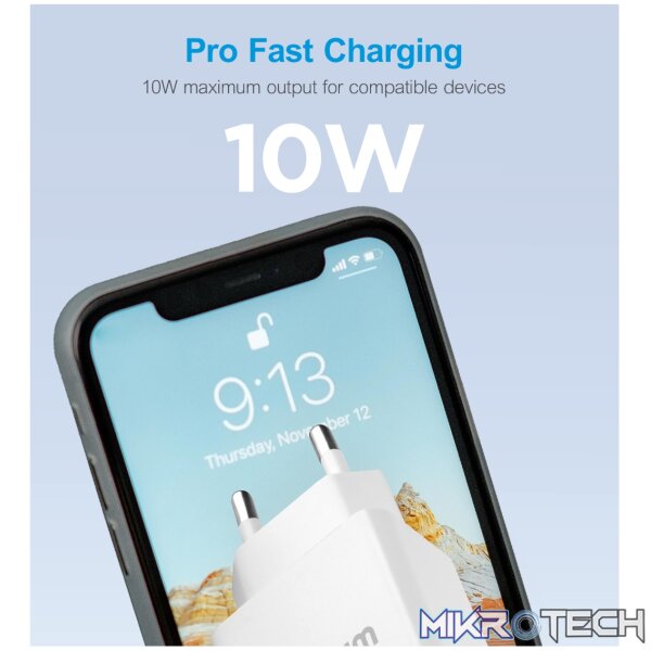 Pro U20 10W USB-A Travel Wall Charger + USB-C Cable - White - Image 3